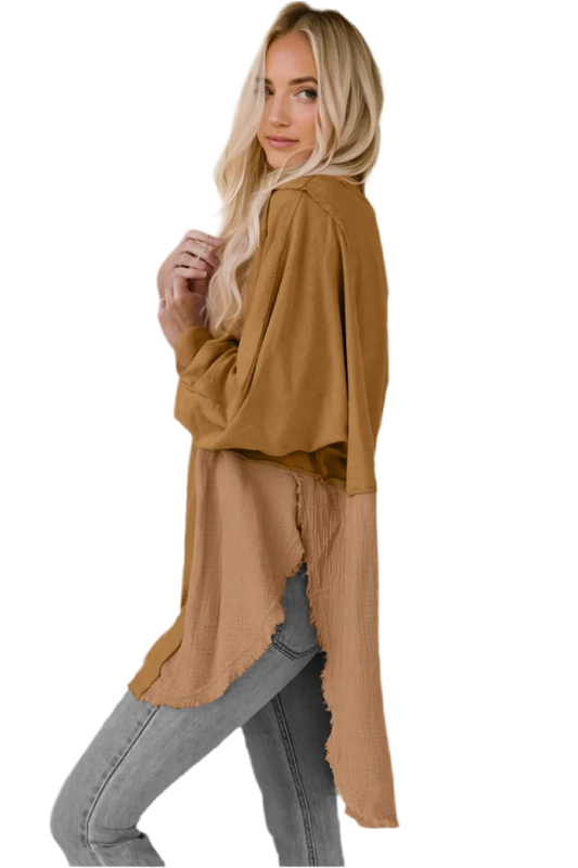 Oversized Boho Blouse with Contrast Textures - minbolu -