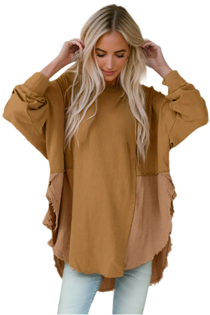 Oversized Boho Blouse with Contrast Textures - minbolu -