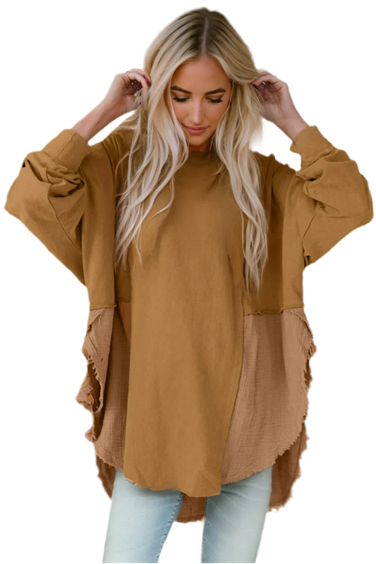 Oversized Boho Blouse with Contrast Textures - minbolu -