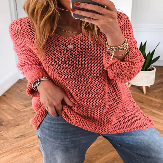 Coral Crochet Hollow-out Knit Sweater - minbolu -
