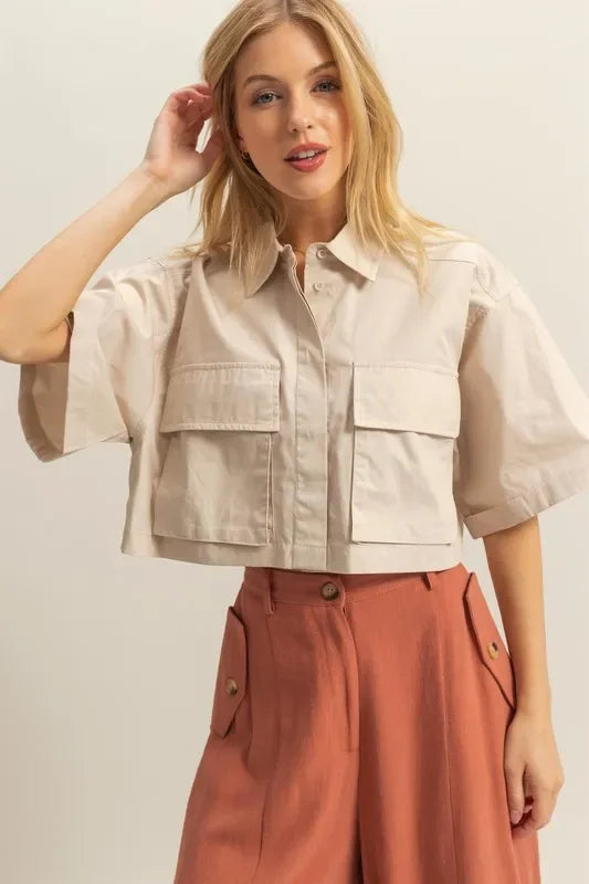 Cropped Women's Shirt - HYFVE Poplin Collar with Pockets - minbolu -