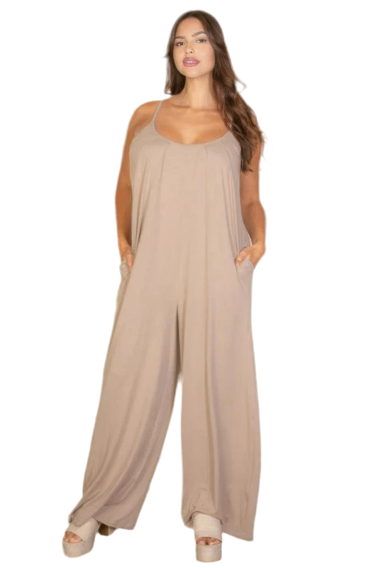 Plus Spaghetti Strap Solid Wide Jumpsuit - minbolu -