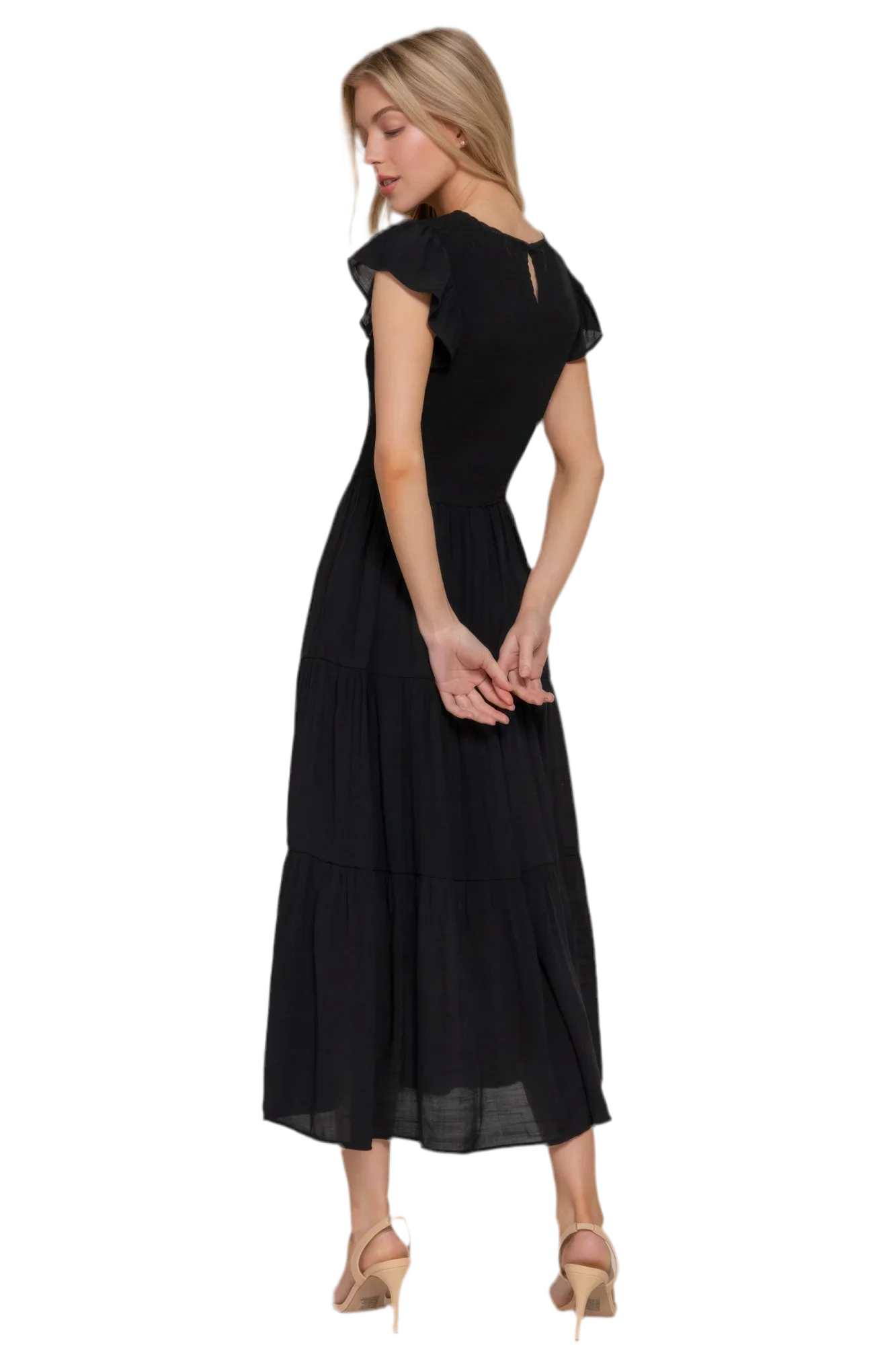 Ruffle Sleeve Smocked Solid Tiered Dress - minbolu -