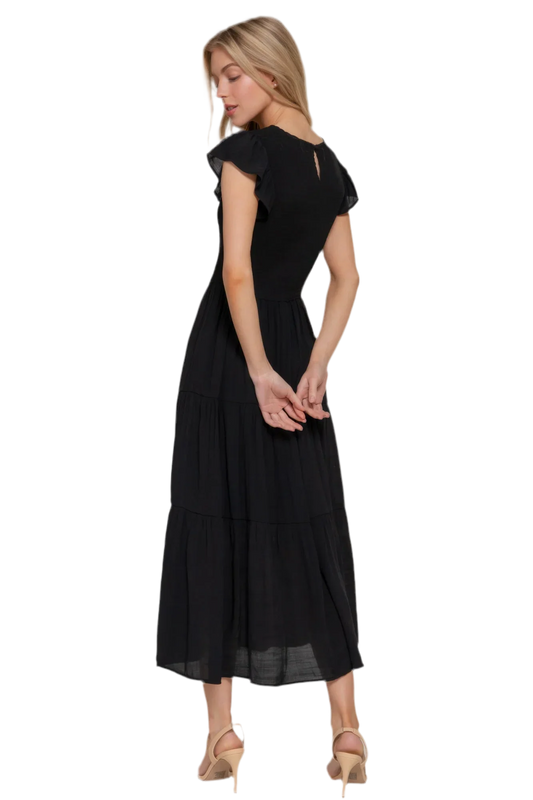 Ruffle Sleeve Smocked Solid Tiered Dress - minbolu -