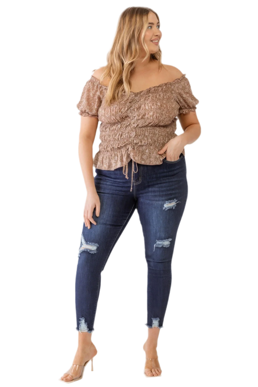 Plus Floral Chiffon Ruched Off-Shoulder Top - Mocha - minbolu -