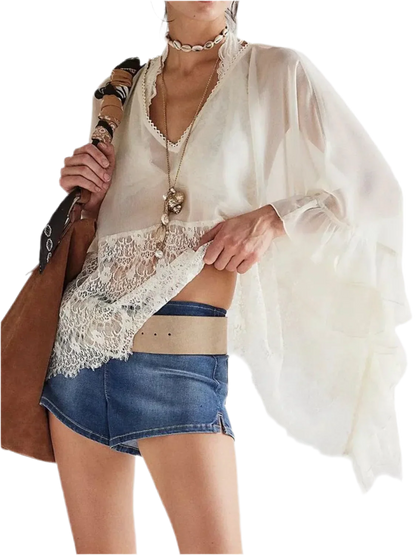 Lace V-Neck Ruffle Cover-Up - Beach Blouse - minbolu -