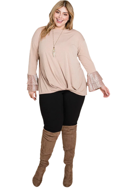 Plus Size Two Tier Velvet Animal Mesh Sleeves Top - minbolu -