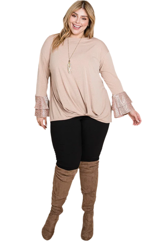 Plus Size Two Tier Velvet Animal Mesh Sleeves Top - minbolu -