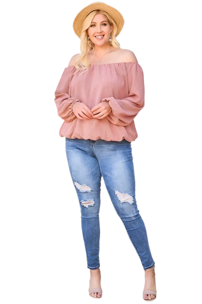 Off Shoulder Long Bubble Sleeve Plaid Top in Brick - minbolu -