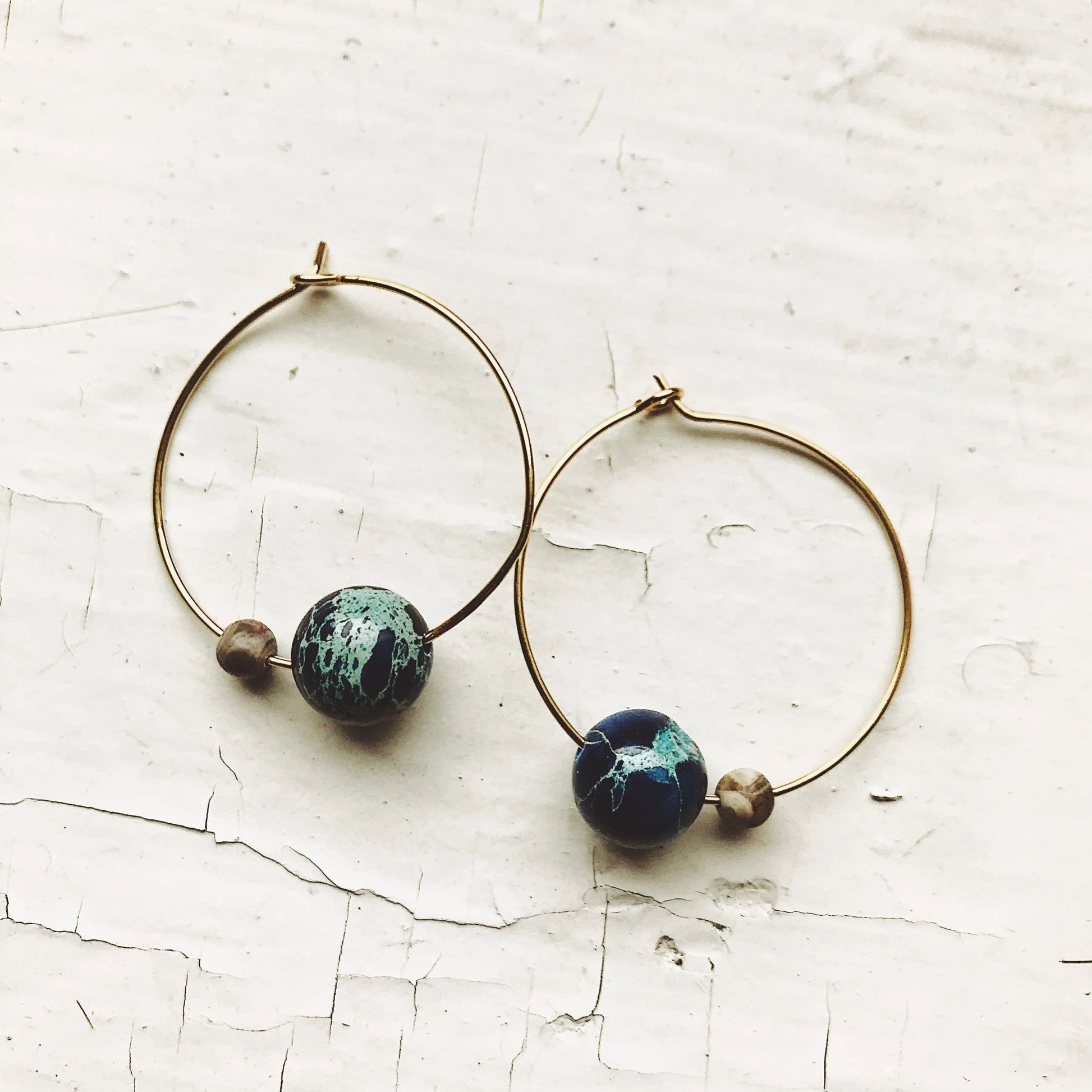 Earth and Moon Jasper Bead Hoop Earrings - minbolu -
