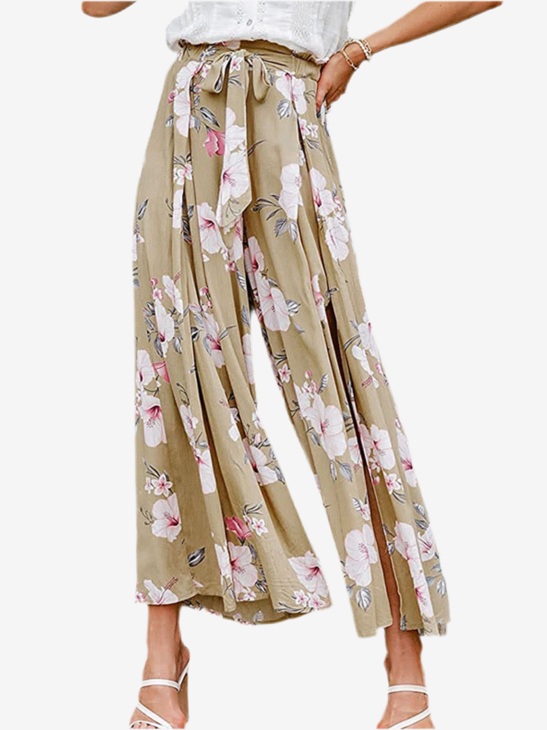 Floral, Tie Waist Pants with Slit Leg