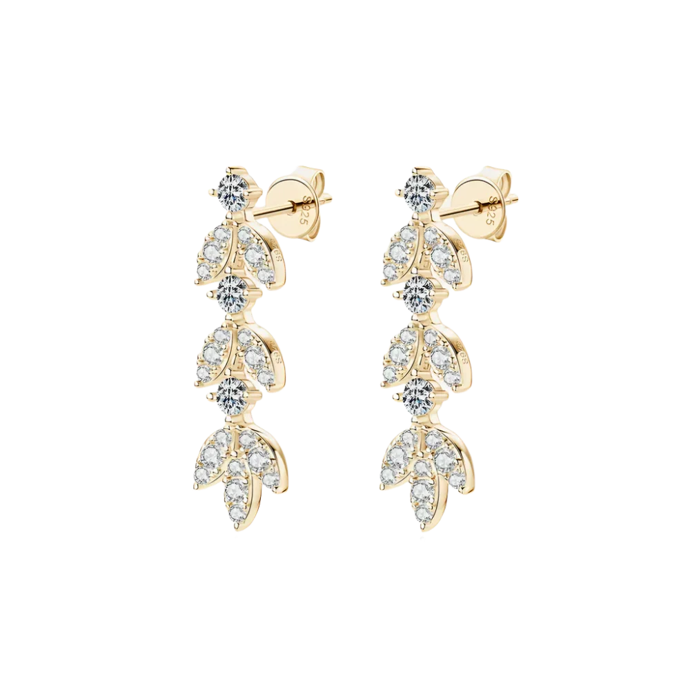 Ethereal Leaf Moissanite Drop Earrings - 925 Sterling Silver Bohemian Statement Jewelry: Gold - minbolu -