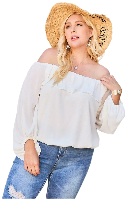 White Off Shoulder Ruffle Bubble Sleeve Top - minbolu -