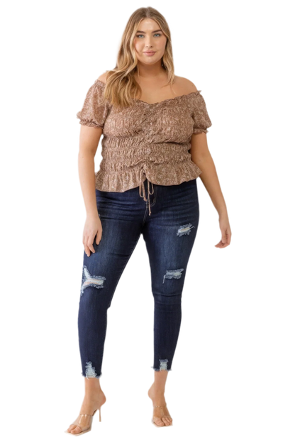 Plus Floral Chiffon Ruched Off-Shoulder Top - Mocha - minbolu -