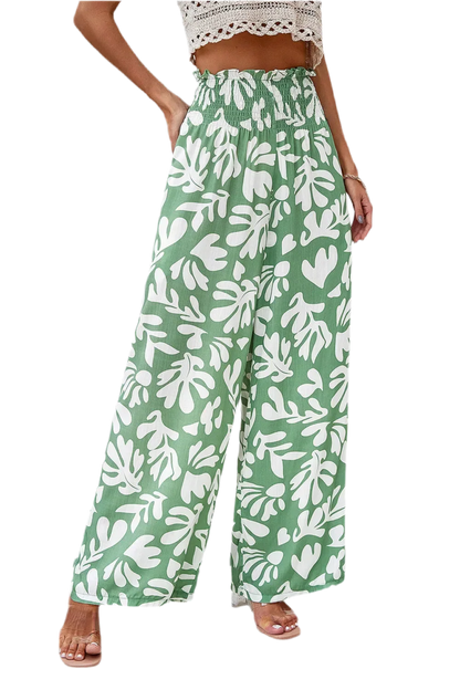 Printed Wide Leg Smocked Pants with Pockets - minbolu -