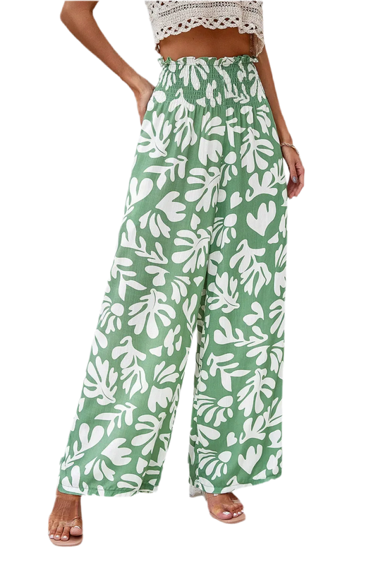 Printed Wide Leg Smocked Pants with Pockets - minbolu -