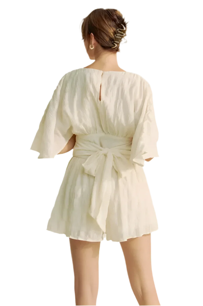 Batwing Sleeve Waist Belt Romper - minbolu -