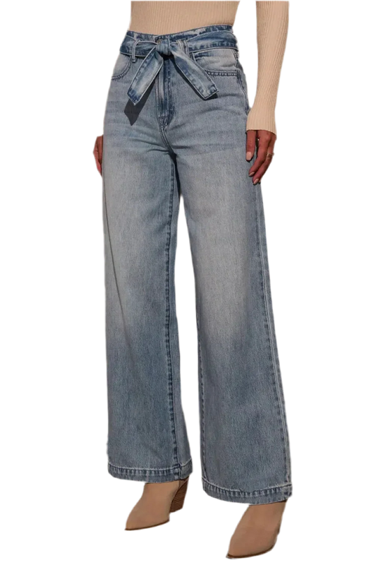 Tied Wide Leg Jeans with Pockets - minbolu -
