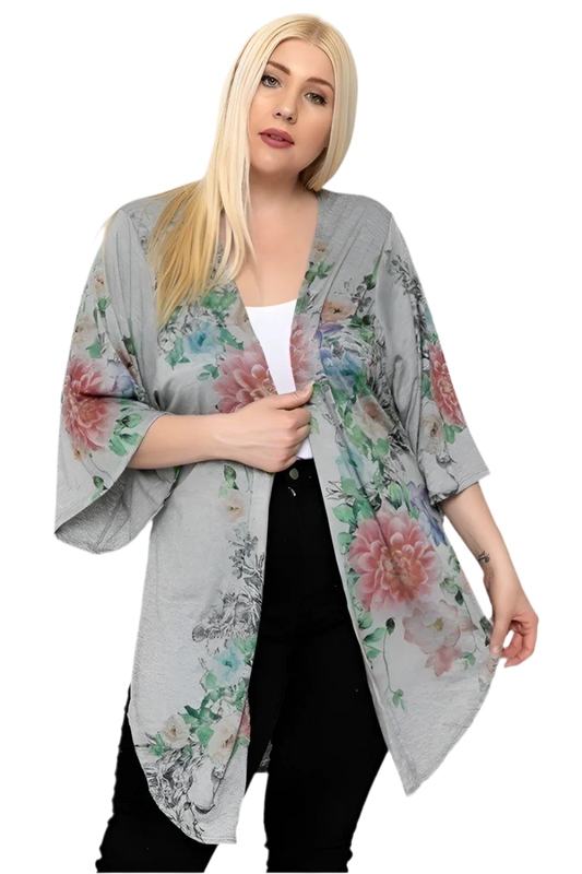 Floral Print Long Body Cardigan - Grey/Floral - minbolu -