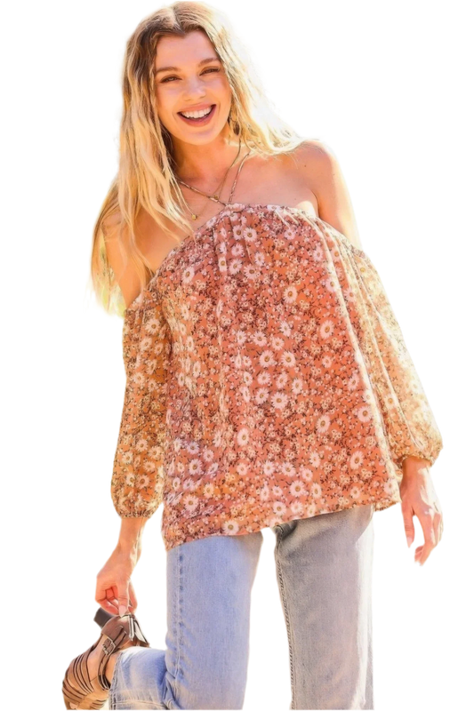 Women's Halter Neck Floral Print Top in Terracotta - minbolu -