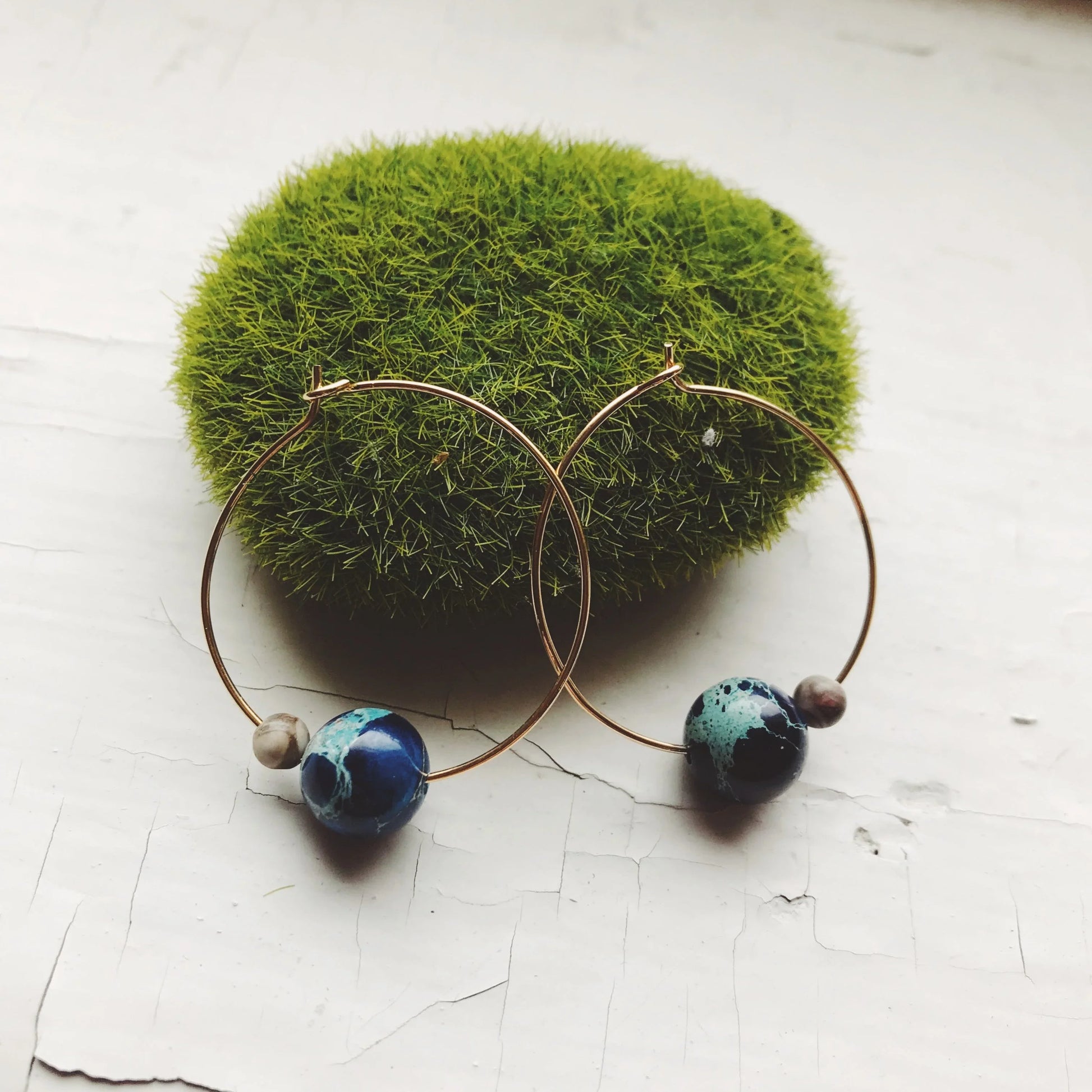Earth and Moon Jasper Bead Hoop Earrings - minbolu -