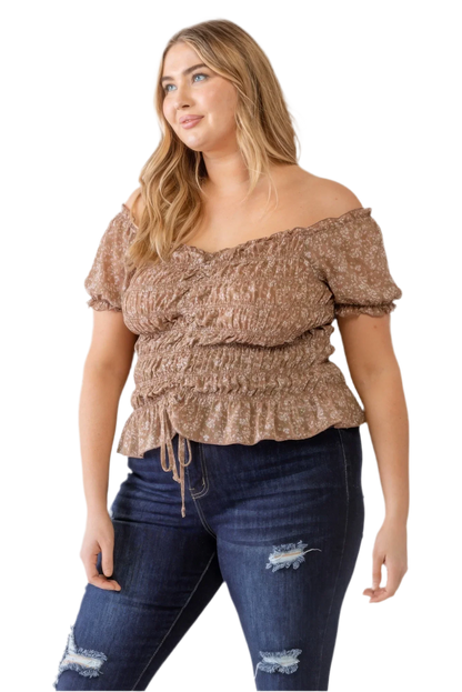 Plus Floral Chiffon Ruched Off-Shoulder Top - Mocha - minbolu -