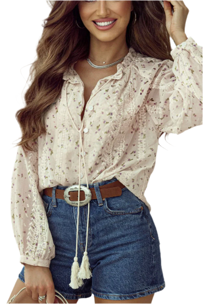 Frill Lace Detail Printed Long Sleeve Blouse - minbolu -