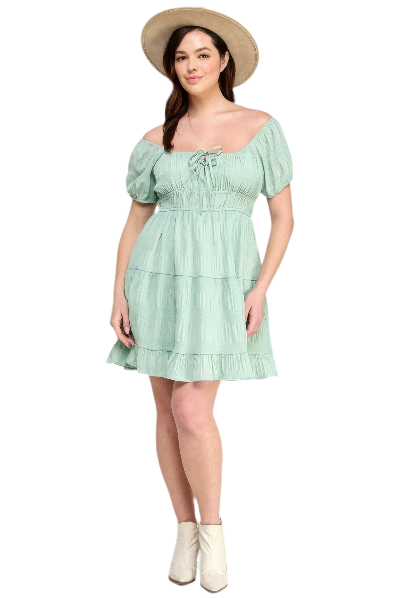 Sea Foam Plus Crinkle Textured Mini Dress - minbolu -