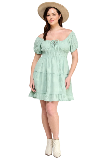 Sea Foam Plus Crinkle Textured Mini Dress - minbolu -