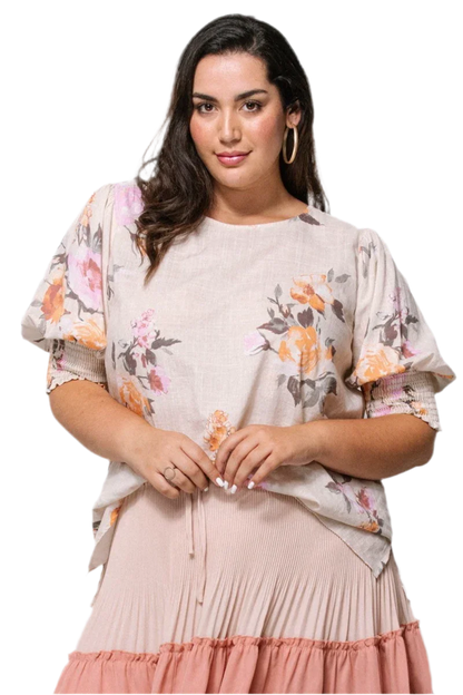 Floral Printed Woven Blouse in Oatmeal - minbolu -