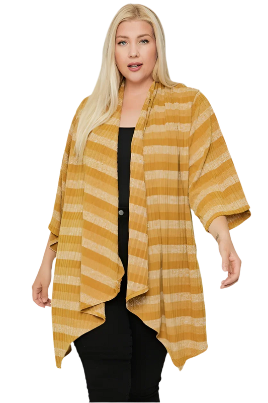 Kimono Style Striped Cardigan in Mustard - Elegant Comfort - minbolu -
