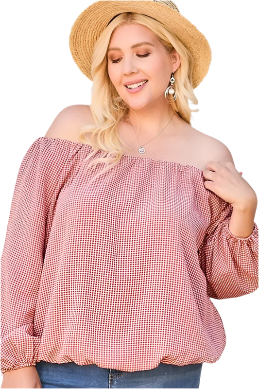 Off Shoulder Long Bubble Sleeve Plaid Top in Brick - minbolu -