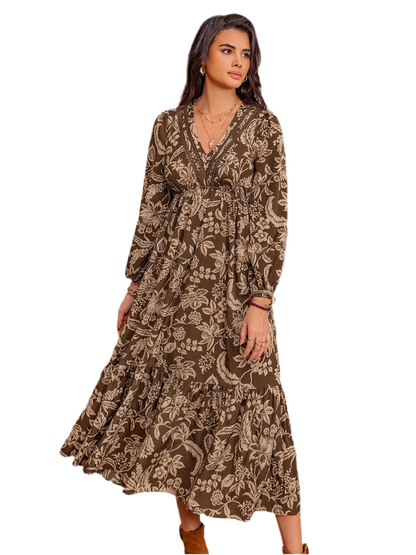 Printed V-Neck Ruched Long Sleeve Midi Dress - minbolu -