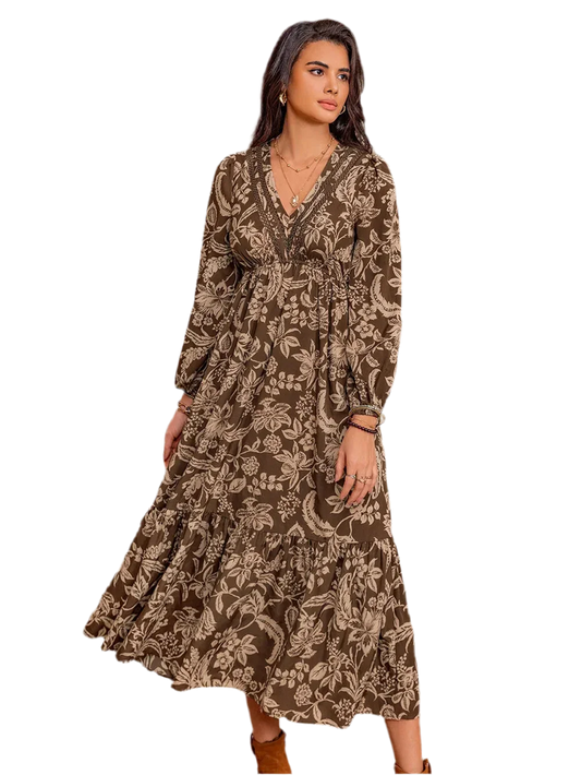 Printed V-Neck Ruched Long Sleeve Midi Dress - minbolu -