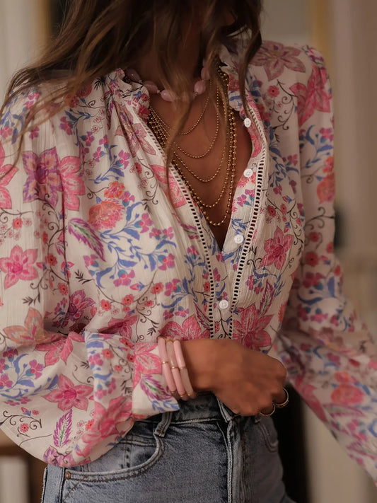 Floral Print Button Up Shirt - minbolu -
