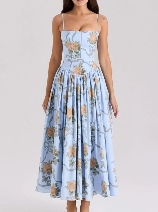 Floral Print Square Neck Cami Maxi Dress - minbolu -