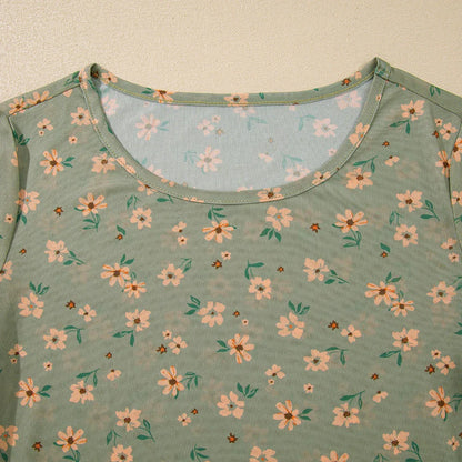 Laurel Green Floral Print Mesh Slim Fit Long Sleeve Top - minbolu -