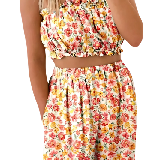 Boho Bloom Bandeau Top & Wide-Leg Pants Set - minbolu -