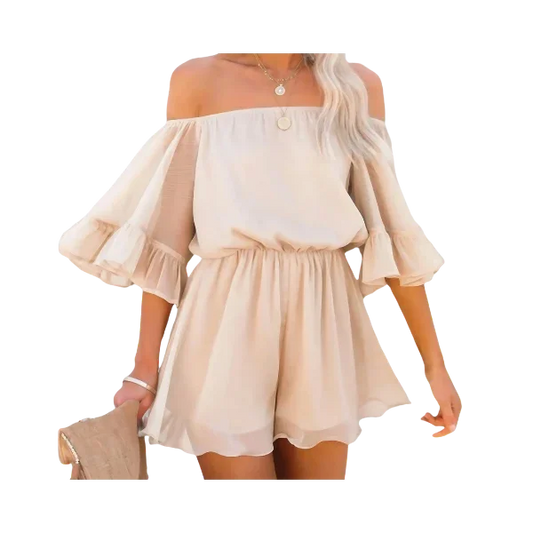 Off Shoulder Flounce Bell Sleeve Romper - minbolu -