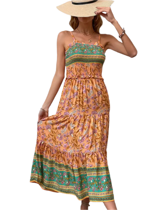 Boho Square Neck Midi Dress - minbolu -