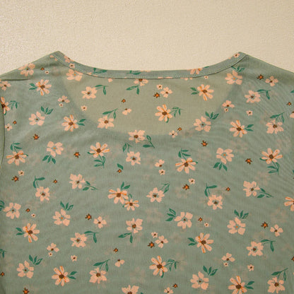 Laurel Green Floral Print Mesh Slim Fit Long Sleeve Top - minbolu -