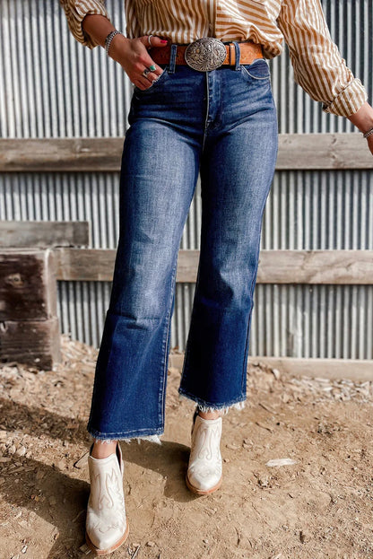 Sail Blue Mineral Wash Raw Hem High Waist Flared Jeans - minbolu -