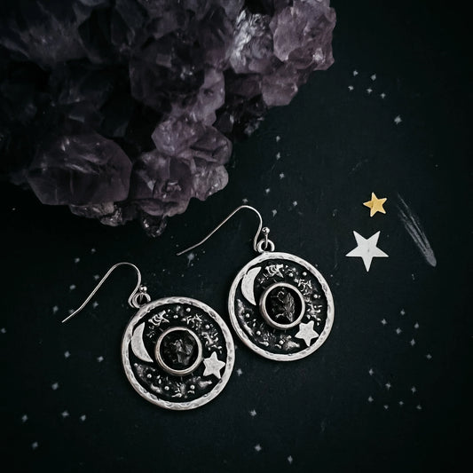 Night Sky Dangle Earrings with Raw Meteorite - minbolu -