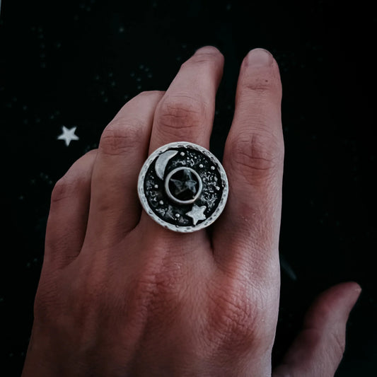 Night Sky Ring with Raw Meteorite - minbolu -