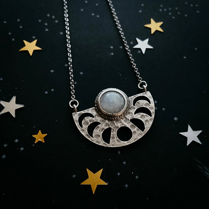 Moon Goddess Necklace - Moon Phases Rainbow Moonstone Pendant - minbolu -
