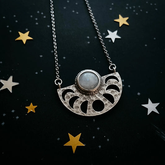 Moon Goddess Necklace - Moon Phases Rainbow Moonstone Pendant - minbolu -
