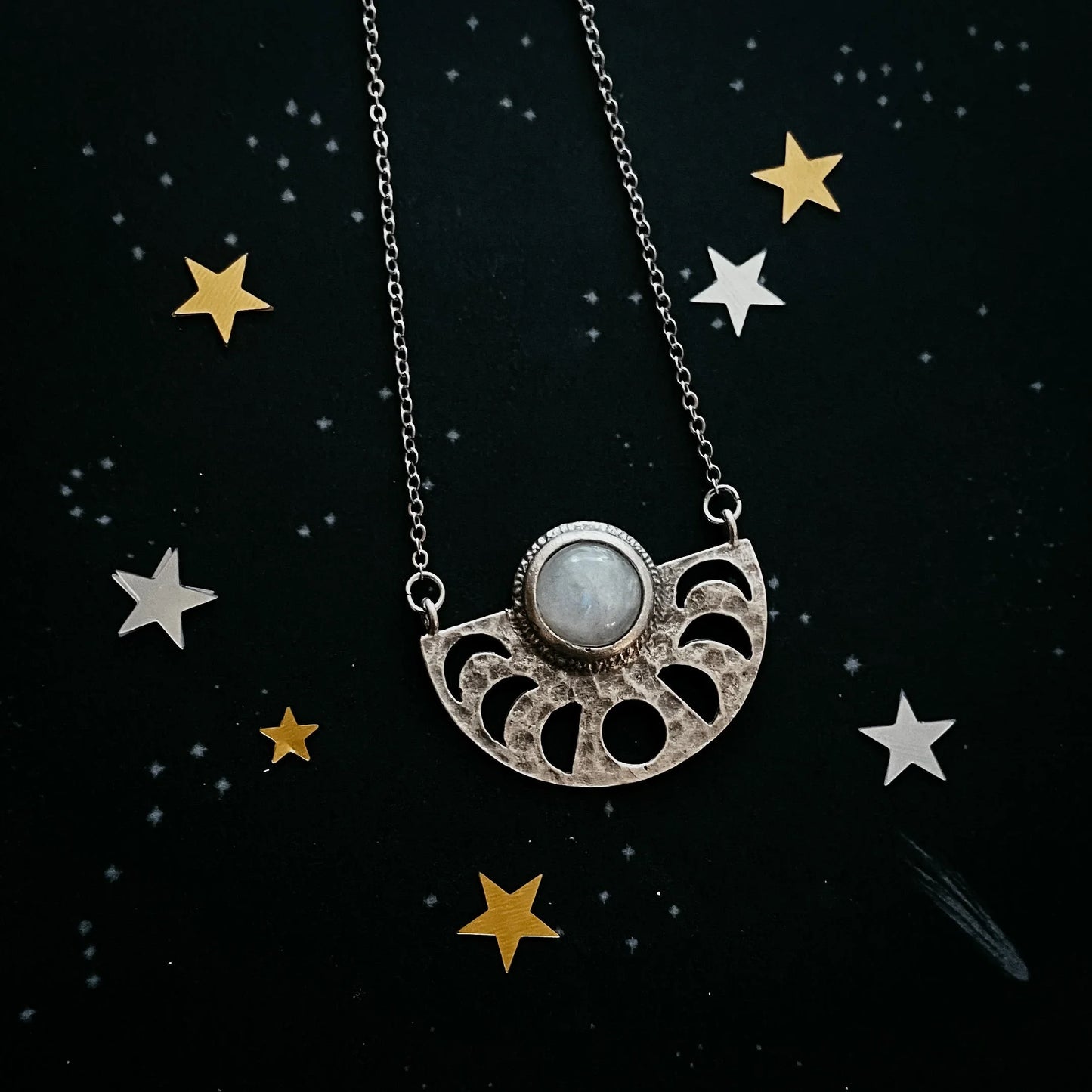 Moon Goddess Necklace - Moon Phases Rainbow Moonstone Pendant - minbolu -