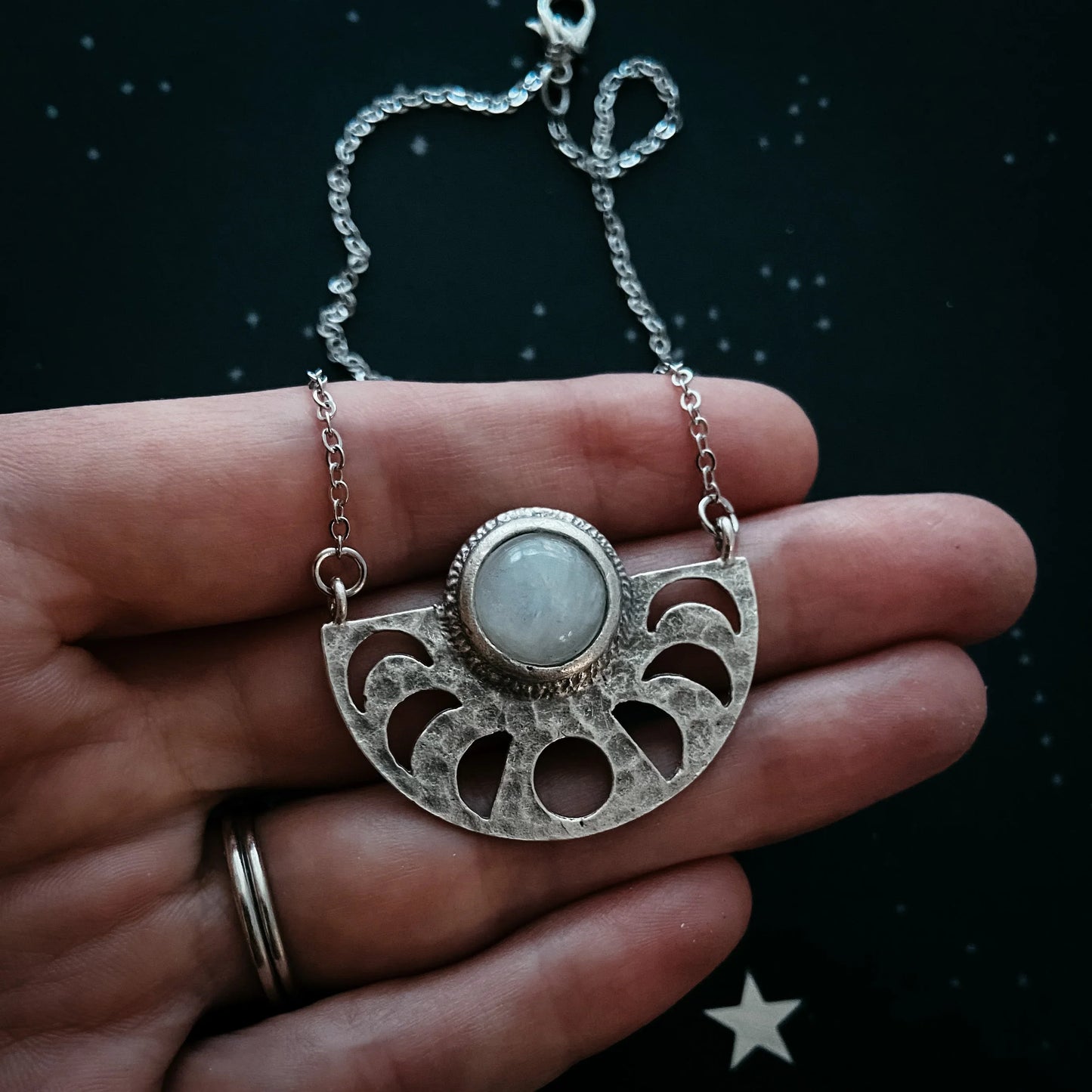 Moon Goddess Necklace - Moon Phases Rainbow Moonstone Pendant - minbolu -