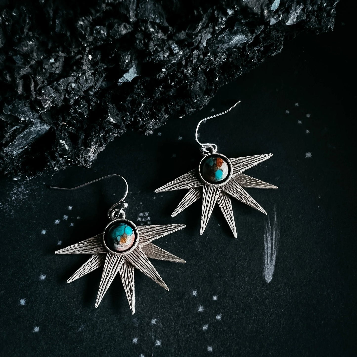 Sun Goddess Earrings with Copper Oyster Turquoise - minbolu -