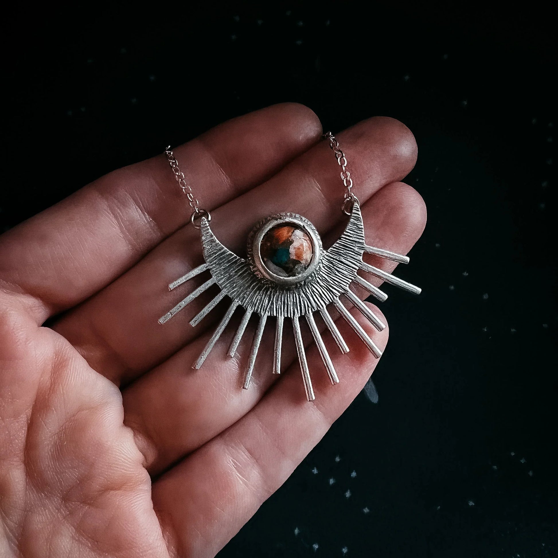 Sun Goddess Necklace - Sun Pendant with Copper Oyster Turquoise - minbolu -